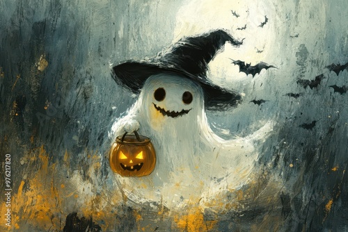 halloween ghost with pumpkin and hat