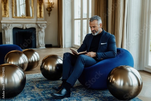 Sophisticated man reading alone in elegant modern living room with metallic accents