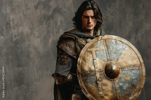 A medieval warrior stands with his shield, ready for battle