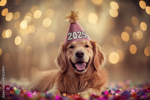 Golden retriever celebrating new year 2025 in festive party hat