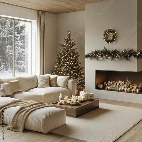 Cozy modern Christmas living room with neutral tones, a decorated tree, and a festive fireplace