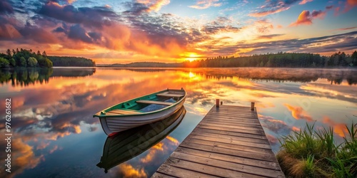 Golden Hour Serenity Rowboat on a Tranquil Lake at Sunset, Boats, Reflections, Sunrise