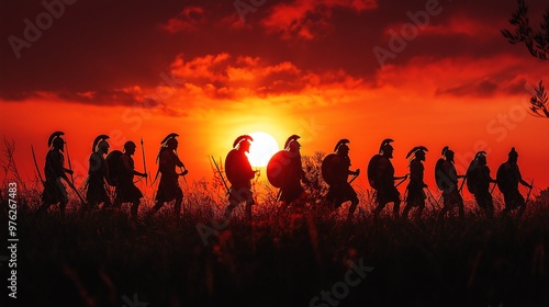 Spartan training session at dawn, warriors silhouetted against the rising sun, embodying discipline and commitment.