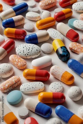 Colorful assortment of pills and capsules on a white background with various sizes and textures