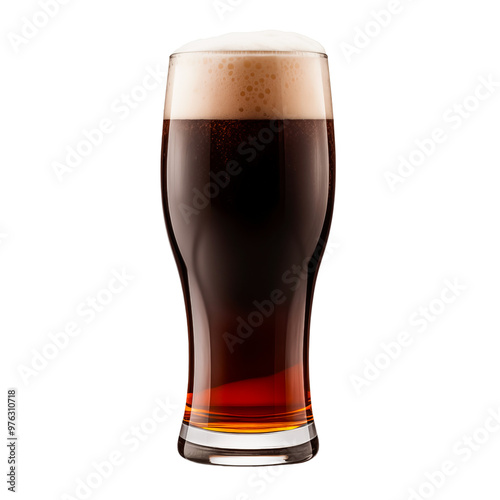 A glass of dark beer with foam, isolated on a transparent background. Suitable for projects related to beverages, brewing, and restaurant industry. Symbolizes relaxation, parties, and craft drinks.