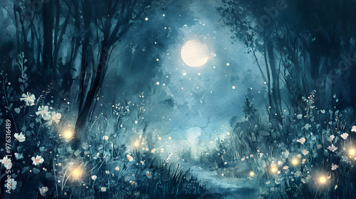 Enchanted watercolor scene of a mystical moonlit forest with glowing fireflies, ancient trees with twisted branches, and a soft, silvery light creating a magical, ethereal atmosphere