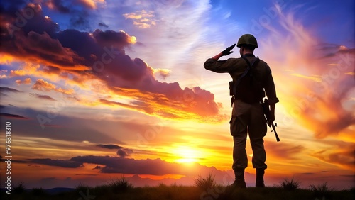 Soldier Saluting at Vibrant Sunset with Rifle in Hand