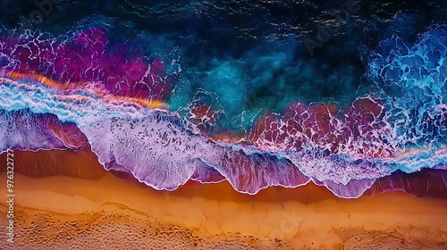  An aerial view of a beach displays waves entering and exiting the water while the below is covered in golden sand