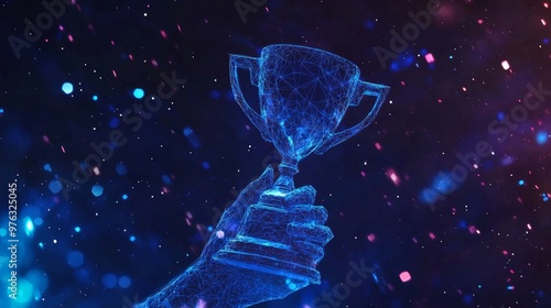 A futuristic illustration of achievement displayed with a hand holding a trophy cup against a dark blue background. The design features a glowing low polygonal style.