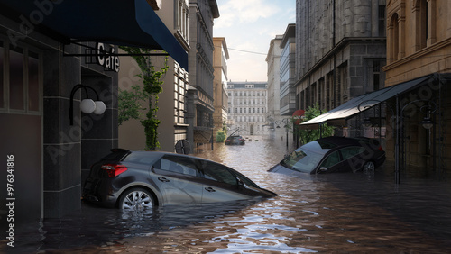 Flooded street in a European city, submerged cars, buildings. Devastating impact of deadly floods in Central Europe. Rescue operations are underway. Storm Boris, climate change, natural disaster 3D