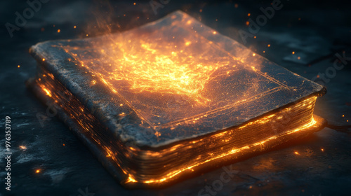 An ancient book glows with radiant orange light, emanating magical energy and sparks from its pages, evoking mystery and enchantment.