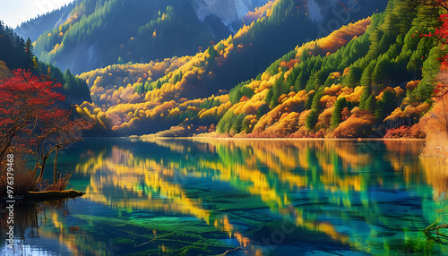 Autumn scenery in Jiuzhaigou, a natural masterpiece of colored forests and lakes.