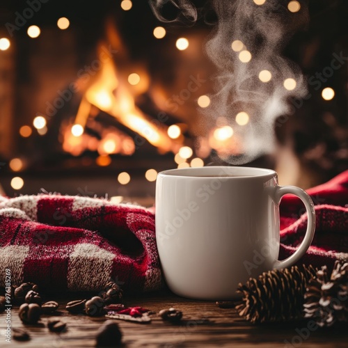 Cozy winter evening with steaming mug of coffee beside fireplace and twinkling lights in a comfortable setting