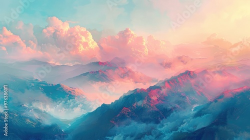 Breathtaking twilight landscape featuring majestic mountain peaks shrouded in ethereal colorful clouds Serene and peaceful atmosphere with a dramatic moody ambiance