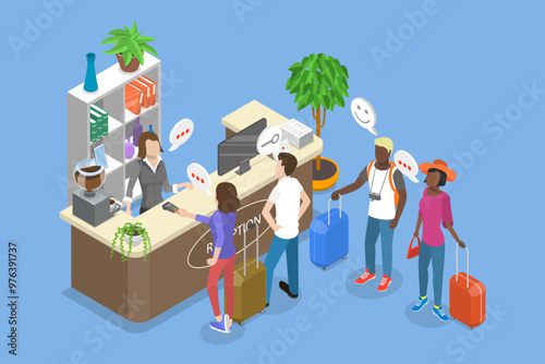 3D Isometric Flat Vector Illustration of Receptionist, Reception Desk