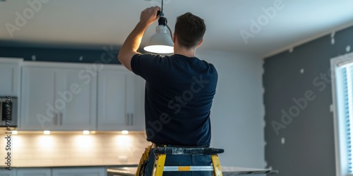 The image shows a man installing a light fixture while standing on a ladder in a room, demonstrating a process of home improvement and renovation with focus on lighting.