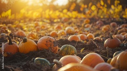 a field filled with a variety of harvested pumpkins and gourds of different shapes, sizes, and colors