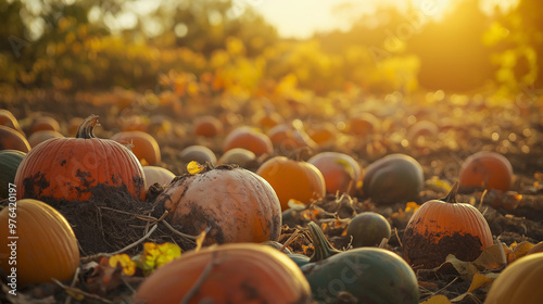 a field filled with a variety of harvested pumpkins and gourds of different shapes, sizes, and colors