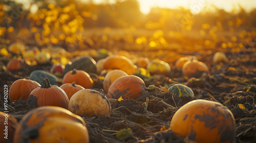 a field filled with a variety of harvested pumpkins and gourds of different shapes, sizes, and colors