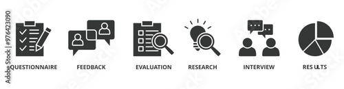 Survey banner web icon vector illustration concept for customer satisfaction questionnaire feedback with icon of evaluation, research, interview and result