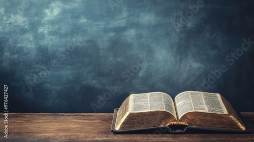 Open book on wooden table against chalkboard background