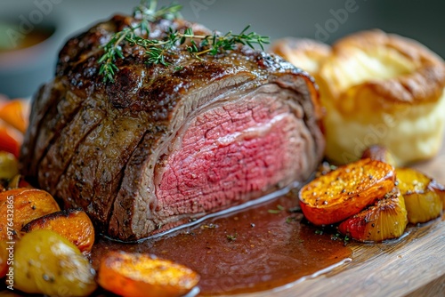 Close-up of Roasted Beef with Yorkshire Pudding and Roasted Vegetables