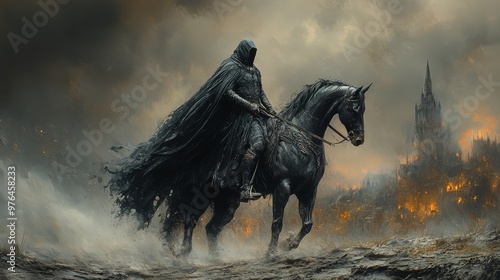 A dark, hooded figure rides a black horse through a smoky battlefield with a burning castle in the background. Intense, dramatic fantasy scene.