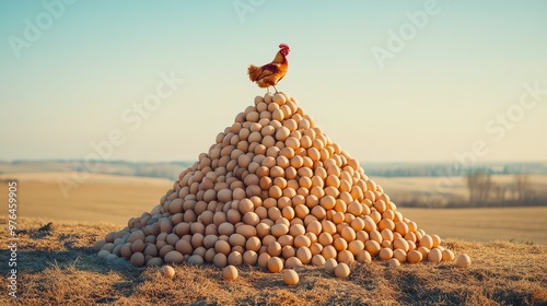 A rooster stands proudly on a large pile of eggs in an open field, symbolizing abundance and farm life.