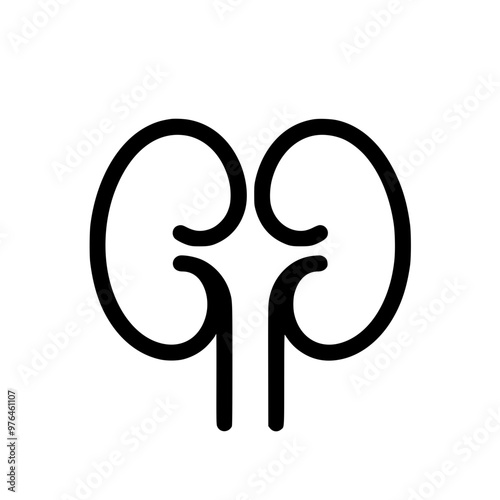 Minimalistic black and white illustration of human kidneys with ureters.