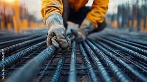 Close-up of a construction worker in gloves handling rebar at a construction site, focusing on durability and precision. Worker in action.