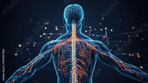 An anatomical illustration showing the human nervous system in a transparent body, with nerves and the spinal cord clearly visible