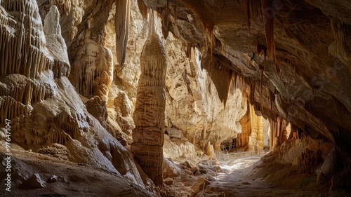 Illuminated underground cave with large stalactites and stalagmites