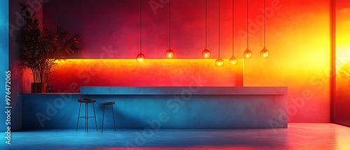 Empty bar counter with neon lights, red and blue.