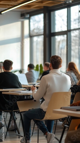 Students attentively listening in a modern classroom with large windows, natural light streaming in, creating a bright and focused learning environment.