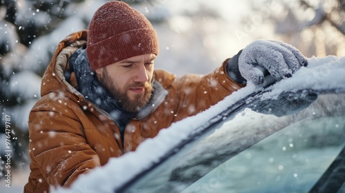 Man cleaning snow from car windshield outdoors closeup