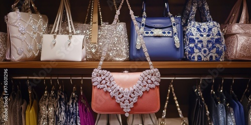 A wardrobe filled with designer handbags, shoes, and accessories, all organized perfectly, with a central focus on a glittering diamond necklace.