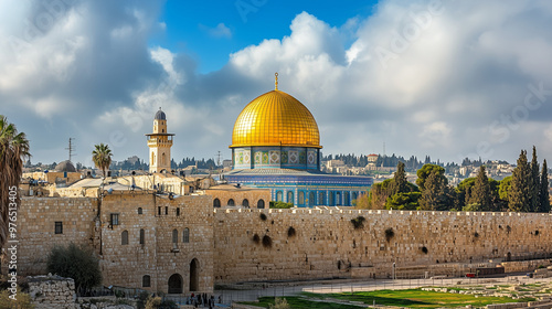 A stunning view of the Dome of the Rock in Jerusalem, showcasing its golden dome and intricate mosaic designs under a partly cloudy sky.