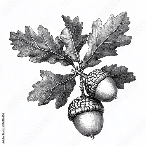 Acorns and Oak Leaves Illustrated in Detailed Botanical Style. Generative AI