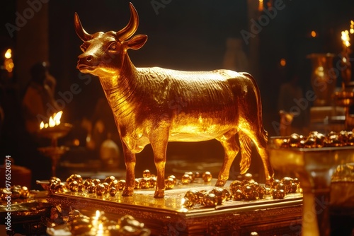 A golden calf idol stands on an altar, symbolizing idolatry, worship of false gods, temptation, and the dangers of straying from faith.