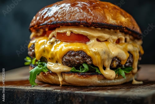 A mouthwatering smashed burger with melted cheese and sauce, a juicy beef patty, toasted bun, fresh tomato, and crisp lettuce.