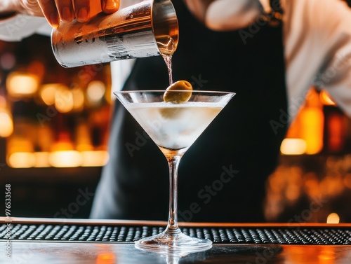 A bartender expertly pours a cocktail into a glass, showcasing a refreshing martini garnished with a slice of lime.