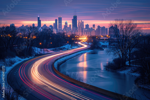 At night, the light trajectory of the taillights of fast-moving vehicles on city roads