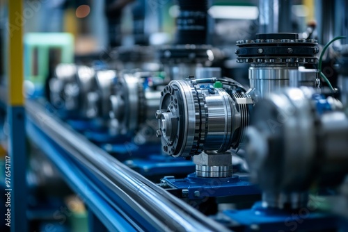 Close-up of industrial diaphragm pumps in a factory setting, showcasing precision engineering, industrial automation, and high-performance machinery.