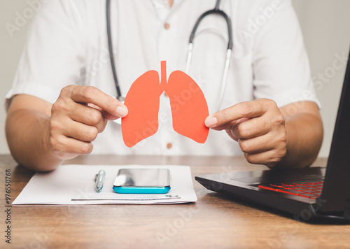 Doctor holding red lungs model, highlighting respiratory health and pulmonology care.