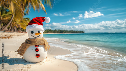 A snowman wearing a Santa hat on a beach with palm trees and snow falling. There are Christmas ornaments and leaves.