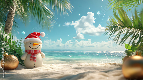 A snowman wearing a Santa hat on a beach with palm trees and snow falling. There are Christmas ornaments and leaves.