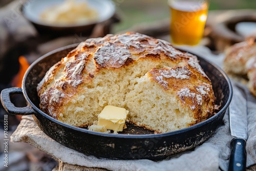 Damper, A traditional Australian soda bread, originally prepared by early settlers and bushmen, typically cooked over an open fire and served with butter, golden syrup, or jam.