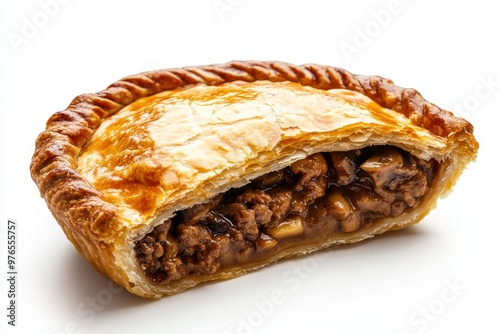 Meat Pie, A hand-sized pie filled with minced meat, gravy, mushrooms, onions, and sometimes cheese, considered a staple snack or meal, isolated on white background