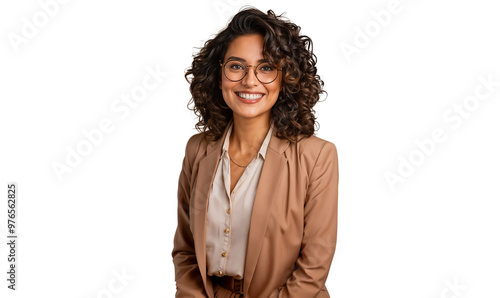 Portrait of a beautiful, smiling businesswoman in a suit, wearing glasses, isolated on transparent background