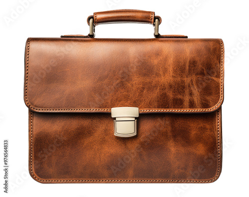 Brown leather briefcase isolated on transparent background